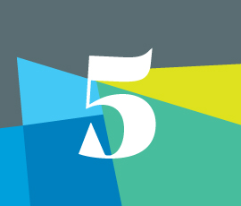 Abstract graphic design featuring the number five, overlaid on a multicolored geometric background. Represents five key services or a milestone.