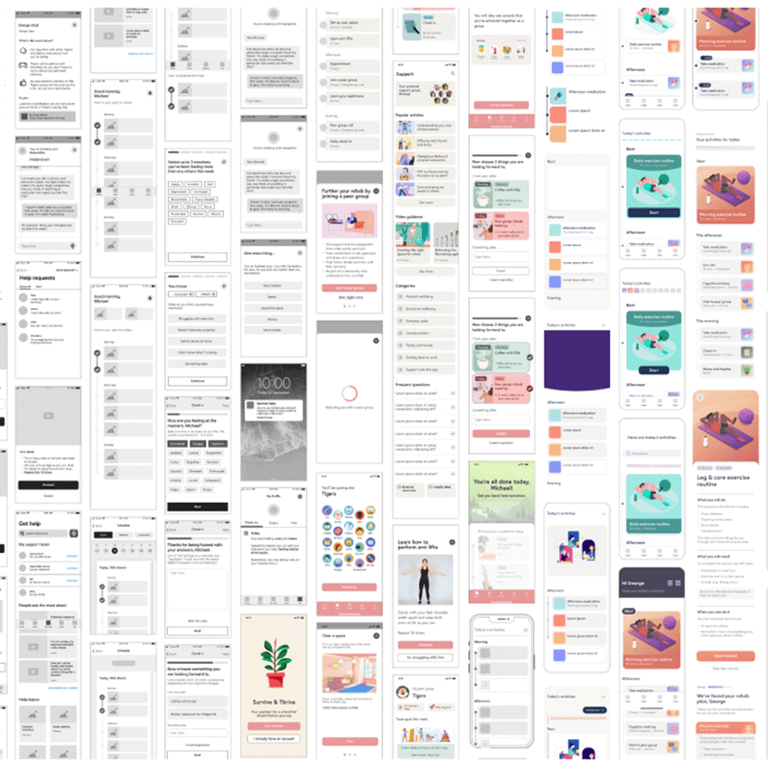 illustrations showing our process from wireframes to app mock ups sq