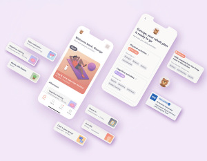 Graphic showing health app screens with various elements