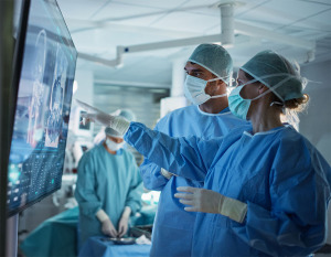 Two surgeons pointing at screen showing brain scans