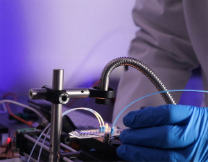 Gloved hands interacting with cell sorting prototype rig