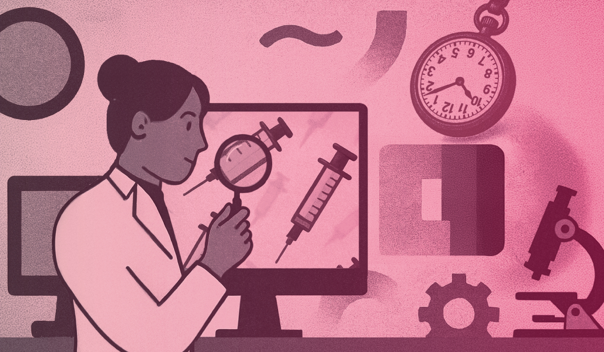 illustration of scientist examining screen with drug delivery devices
