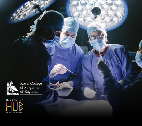 women and men surgeons performing surgery with RCS England and RCS England I-Hub logos on the left