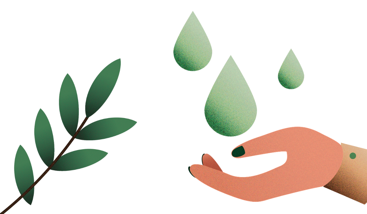 illustration of leaves and hand holding green water droplets image