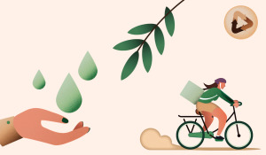 illustration of sustainability in healthcare with woman on bike, Team logo as a recycling symbol, hand holding green droplets, and leaves