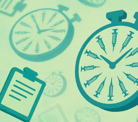 illustration of a clock with drug delivery devices as hands and clipboards